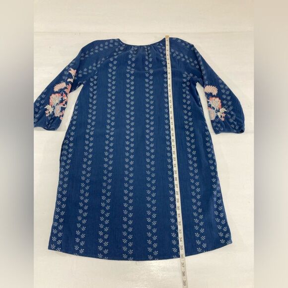 J Jill Dress Women’s S Blue Embroidered Floral Balloon Sleeve Tassel Boho Chic - Picture 11 of 11